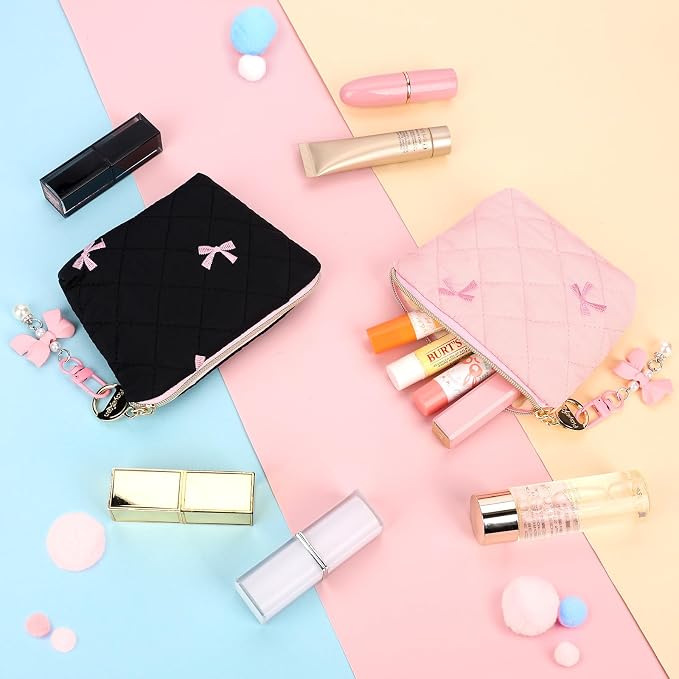 Mini Makeup Bag, Quilted Small Cosmetic Bag for Purse with Keychain, Portable XS Travel MakeupBow Pouch, Gifts for Birthday/Wedding/Party/Christmas (Black)