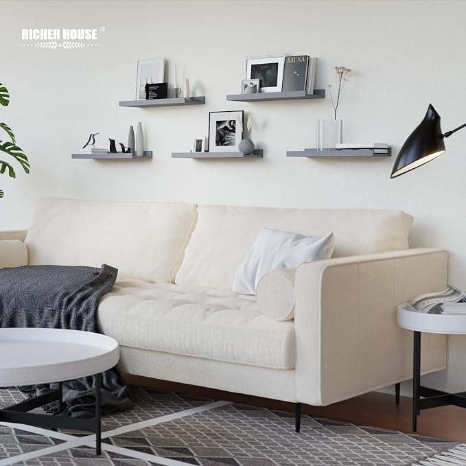 RICHER HOUSE Mounted Shelves for Wall Decor, Modern Picture Ledge Shelf with Lip for Wall Storage Nursery, Bedroom, Living Room, Bathroom - Grey | Display Picture Ledge Shelf, Anti-drop lip Shelf for Room Wall Decor, Bedroom Bathroom Storage Nursery Bo...