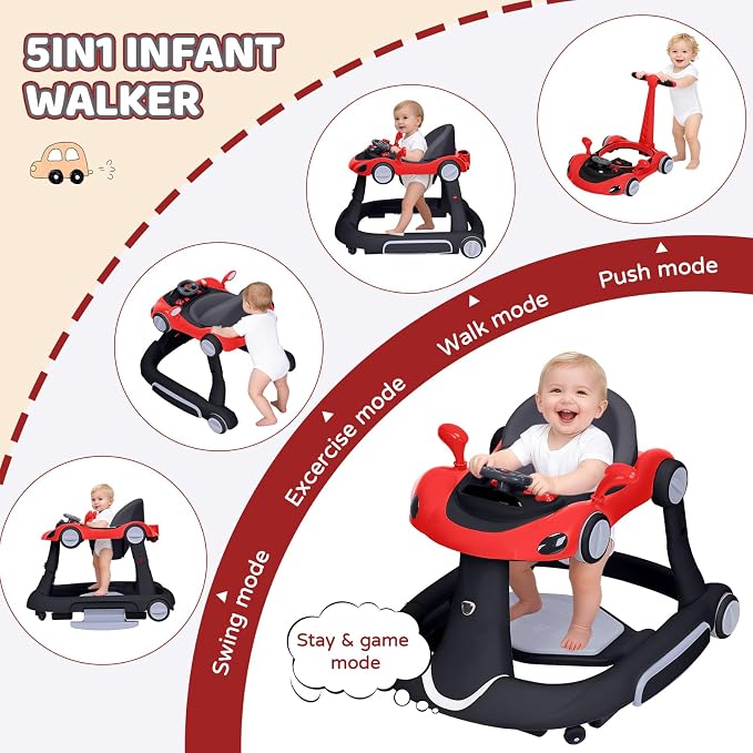 Baby Walker, 4-in-1 Baby Walker with Wheels Portable, Foldable Infant Toddler Walker for Boys Girls 6-18 Month (Red)