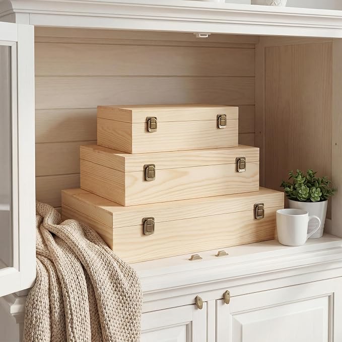 Sliner 3 Pcs Wooden Decorative Storage Boxes with Lids Vintage Wood Organizer Bins for Your Bookshelf Home Decor Safely Store Photos Documents Memory Jewelry Craft Storage (Natural Wood,S M L Size)