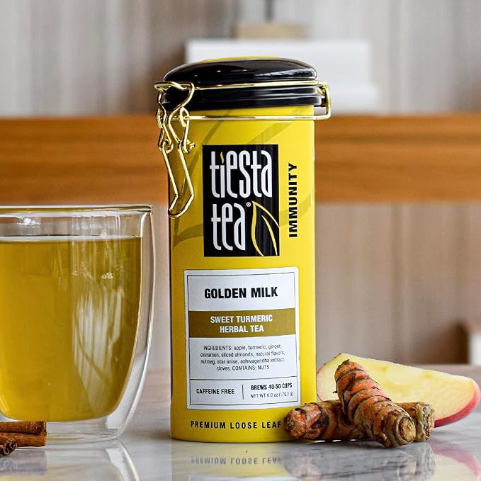 Tiesta Tea - Golden Milk, Loose Leaf, Sweet Turmeric Herbal Brew, Non-Caffeinated Herbal Blend, Makes Hot or Iced Up to 40-50 Cups, 6oz Refillable Tin
