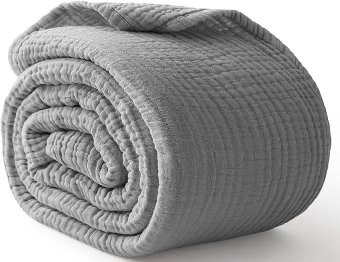 100% Cotton Muslin Blanket Queen 90" x 90", 6 Layers Breathable and Lightweight Cotton Throw Blanket for Bed, Soft Quilt Bedspread Coverlet, Gauze Blanket for Adults All Season, Grey