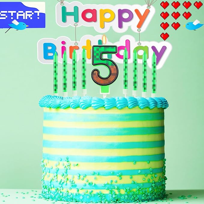 Pixels Themed 5th Birthday Candle, Pixels Cake Topper for Boys Girls, 9 Pcs Candle Set, Game Cartoon Theme Birthday Party Supplies (Number 5)