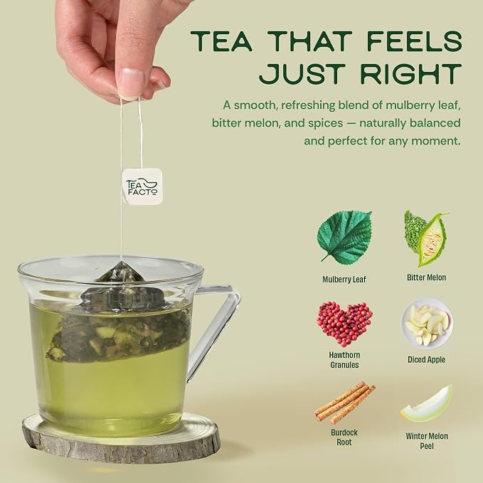 Tea Facto Bye Bye Sugar* Bitter Melon Tea Bags Individually Wrapped - Bitter Gourd and Mulberry Leaf Tea Herbal Blend - Premium Uncaffeinated Botanical Teas for Healthy, Balanced Routine - 10 Count