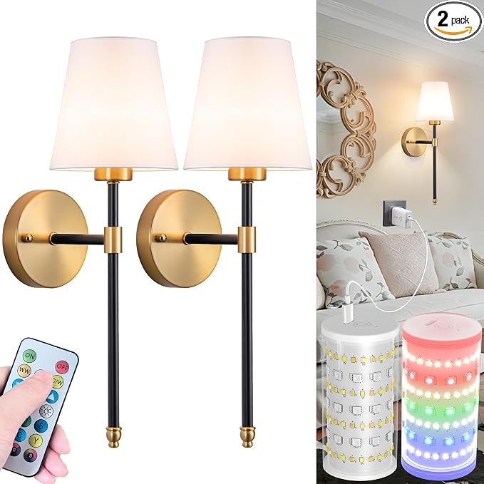 Nekhung Battery Operated Wall Sconces Set of 2, Wireless Wall Light with 10000mAh RGB Dimmable Magnetic Bulb, Rechargeable Wall Sconce with Remote Control for Bedroom Living Room