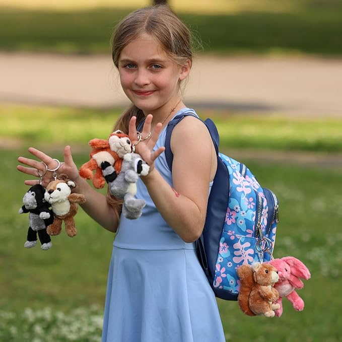 6Pcs Bulk Woodland Animal Stuffed Animal, 5" Raccoon Squirrel Fox Monkey Deer Bunny Plush Toy Keychain Pendants, Stuffed Forest Animals for Baby Shower Birthday Decor Backpack Charm