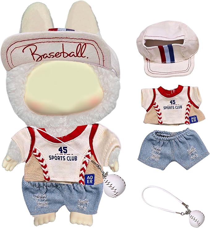 Baseball Outfit for Labubu, Classic 45 Jersey Set with Hat & Pants for Labubu Clothes, American Sport Style Costume with Baseball Accessory for popmart Blind Box.