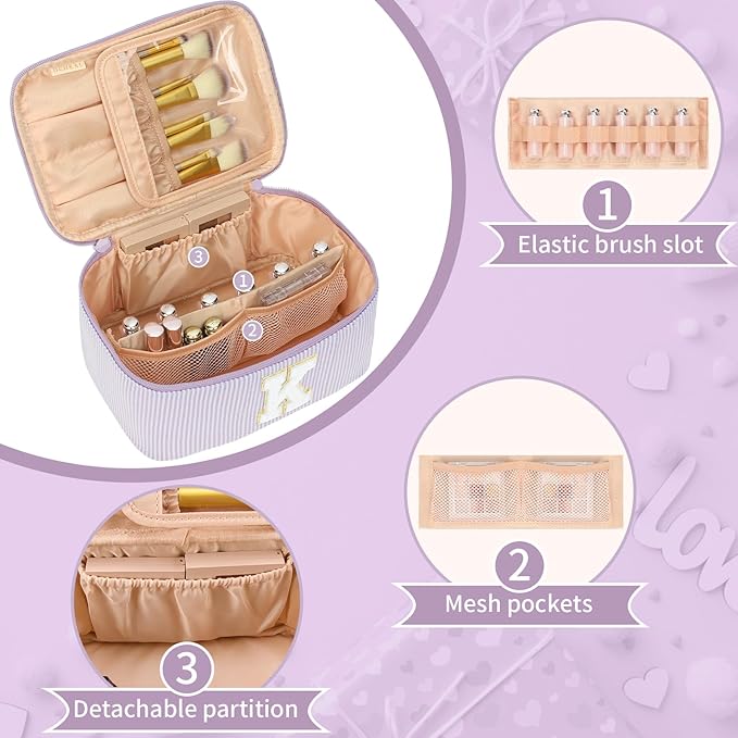 OCHEAL Makeup Bag Valentines Day Gifts for Women, Monogram Cosmetic Bag Purple Travel Makeup Case Beauty Toiletry Bag Organizer Personalized Gifts for Girls Bridesmaid, Sister, Wife, Friends Initial K
