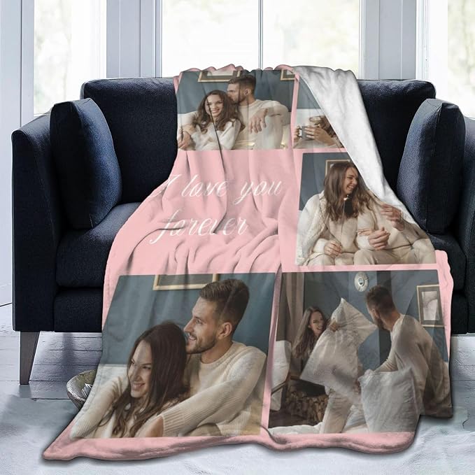 Custom Blanket with Picture Text, Personalized 5 Photo Blanket, HD Printing Customized Flannel Throw Blanket Gifts for Mom Dad Couple Girlfriend Boyfriend Wife Husband Christmas