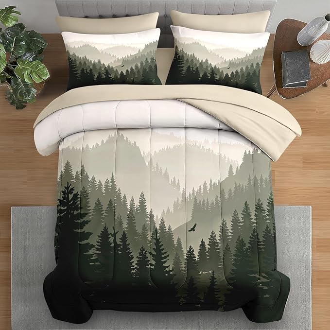 Pamnest Comforter Set Queen Size, Mountain Pine Tree 7 Pcs Bedding for Kids and Adults, Natural Forest Landscape Bed Sheet Sets with Fitted Sheet 2 Pillowcases & 2 Shams
