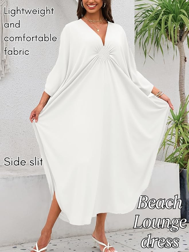 ChiaoLezhee Print Moo-Moos for Women, Kaftan Cover-Up Dresses, Sexy V-Neck High-Slit, Beach Pool-Party Coverups Muumuu Plus