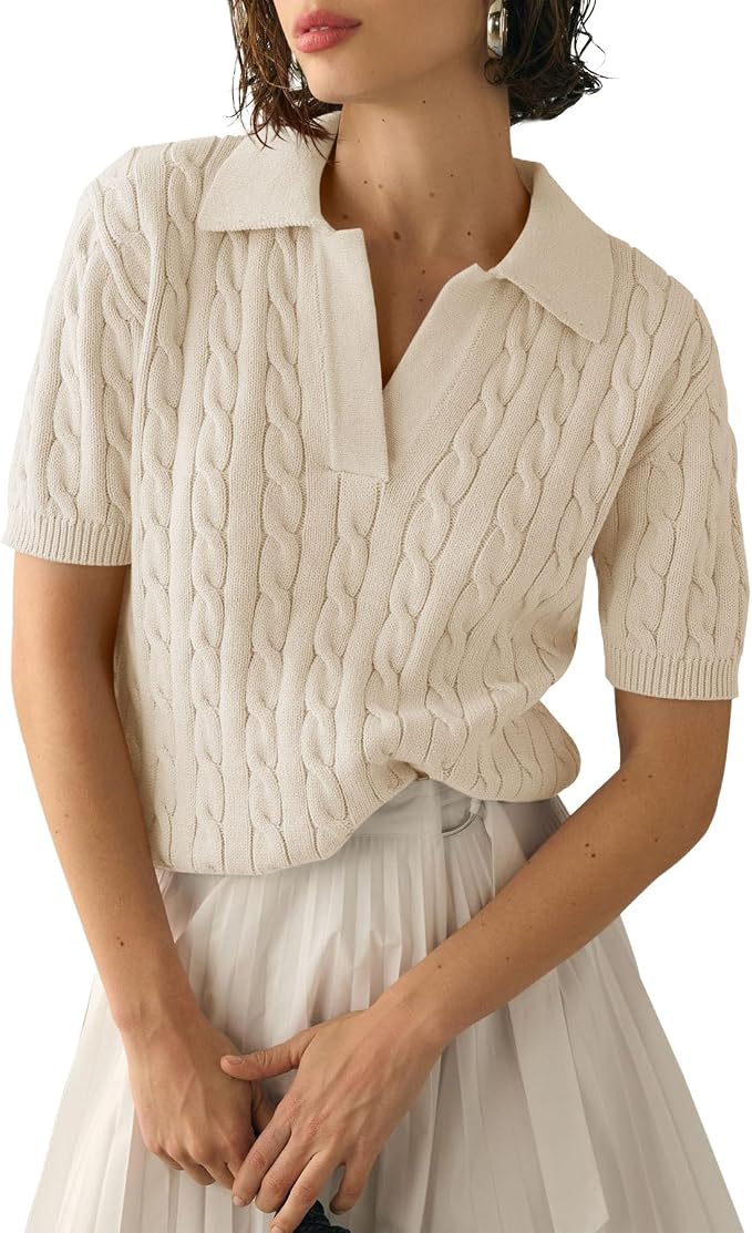 Imily Bela Womens Cable Short Sleeve Sweaters Tops Lapel V Neck Knit Shirt | Solid,Knit Casual,Soft Pullover,Fall Sweaters,Womens Summer Work Tops