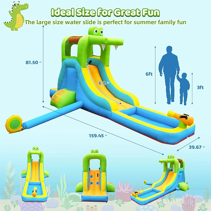 NBSPORT Inflatable Water Slide - Crocodile Theme Bounce House Water Park with Blower, Climbing Wall, Splash Pool, Water Cannon, Blow up Toddler Waterslide for Kids and Adults Backyard, Green