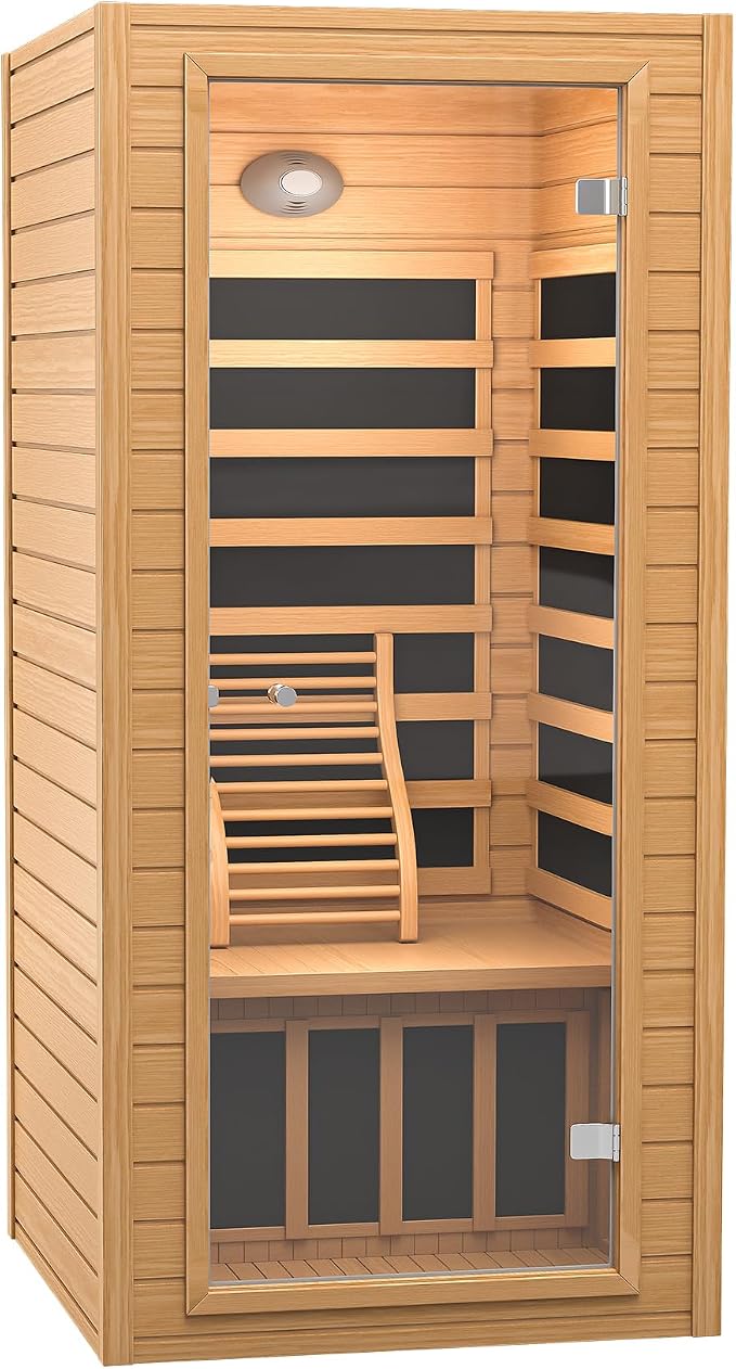 Real Relax 1 Person Infrared Sauna, Indoor Near Zero EMF Canadian Hemlock Wood Sauna with 1400W, 9 Chromo Therapy Lights, Oxygen Lonizer, Bluetooth, LCD Control Pannel for Home Spa Days