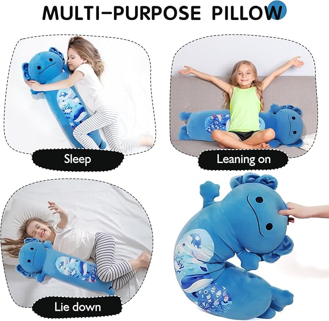 22” Long Axolotl Plush Body Pillow, Cute Blue Ocean Axolotl Stuffed Animals, Salamander Squishy Soft Plushies Toy, Gifts for Kids Girls and Boys, Birthdays Easter ﻿