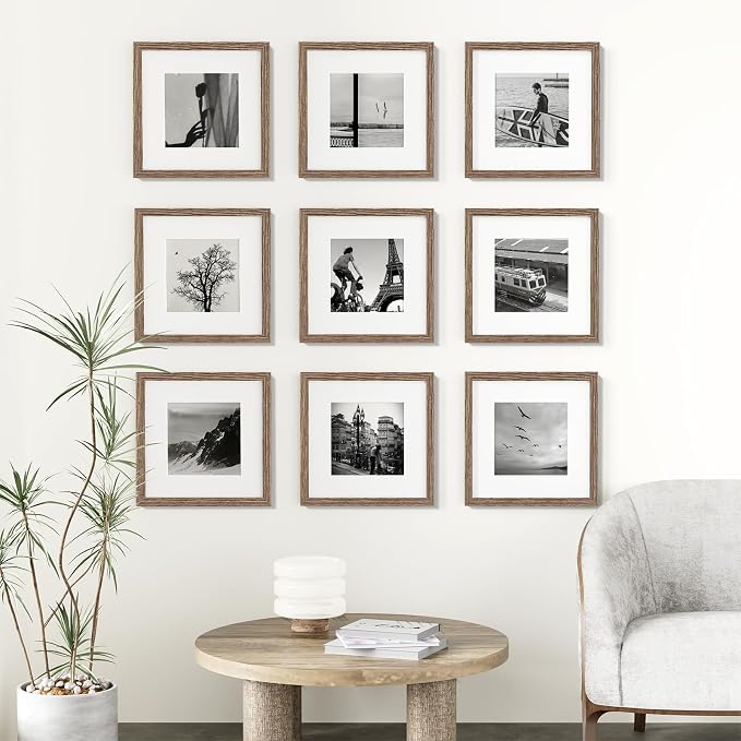 Vittanly 12x12 Picture Frames Set of 9 for Wall Mounting, Dark Oak | Display Pictures 8x8 with Mat or 12x12 without Mat for Wall Mounting, Square Photo Frames for Home Decor, Engineered Wood