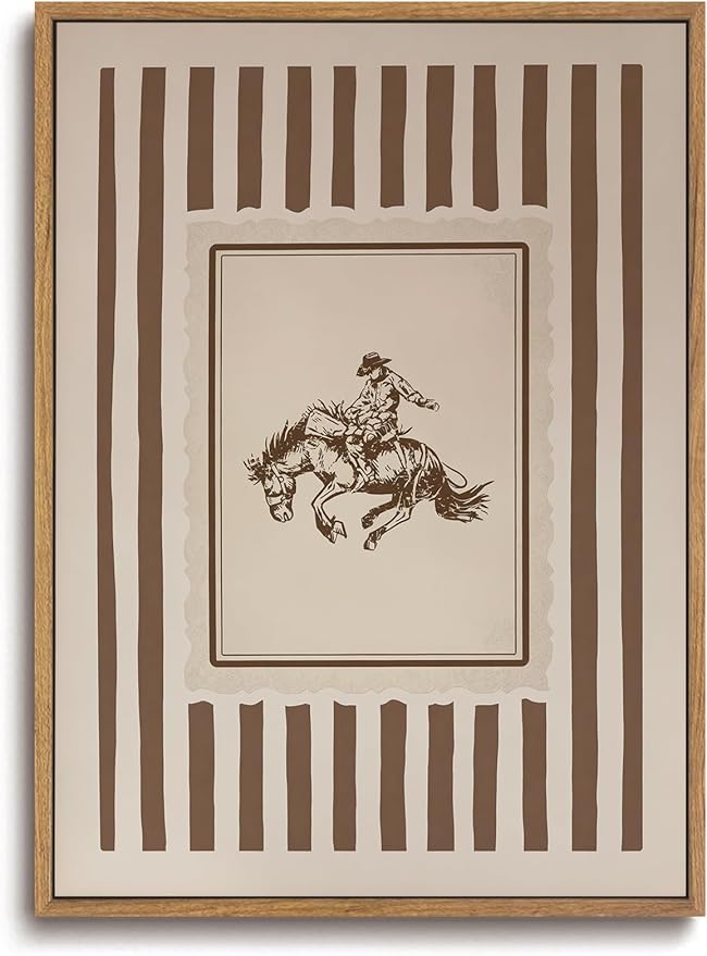 ZZLWBKGL Western Wall Decor Cowboy Canvas Art Vintage Framed Wall Art | Farmhouse Striped Painting Retro Nursery Artwork Mid Century Aesthetic for Living Room Bedroom 12x16in