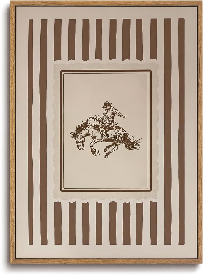 ZZLWBKGL Western Wall Decor Cowboy Canvas Art Vintage Framed Wall Art | Farmhouse Striped Painting Retro Nursery Artwork Mid Century Aesthetic for Living Room Bedroom 8x10in