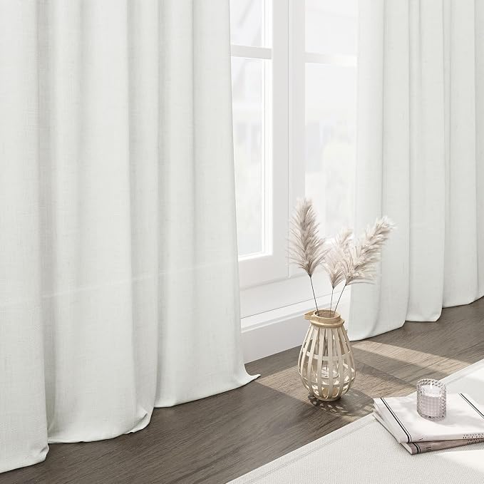Semi Sheer Linen Curtains 90 Inches Long for Living Room 2 Panels Set Back Tab Pocket Ivory White Tall Vertical Curtains Luxury Light Filter Privacy Curtain Drapes for Bedroom Aesthetic 52X90