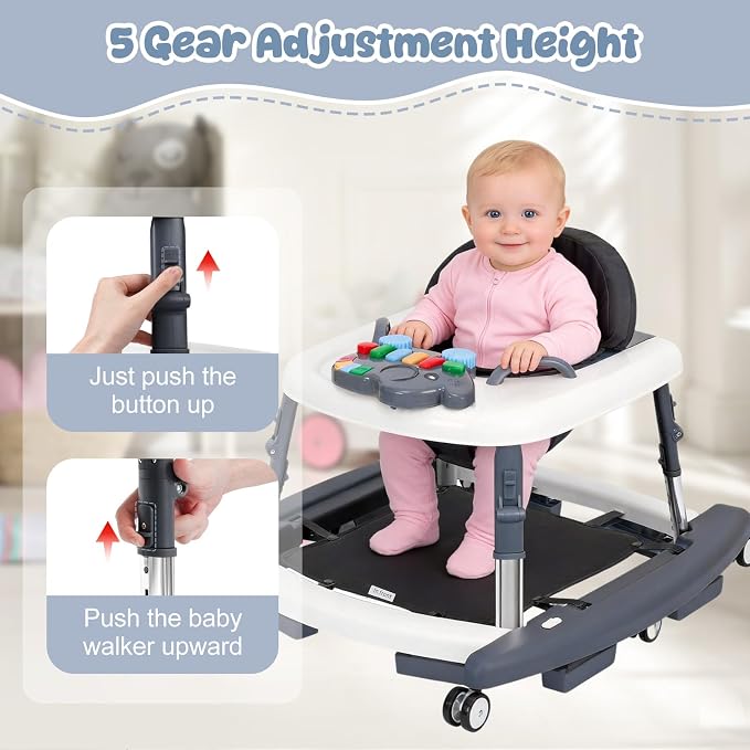 5-in-1 Baby Walker for Boys and Girls Music and Lights 6-18 Month, Foldable Baby Walkers with 5 Adjustable Heights, Infant Toddler Walker with Wheels and Combo Portable（Dark Gray）