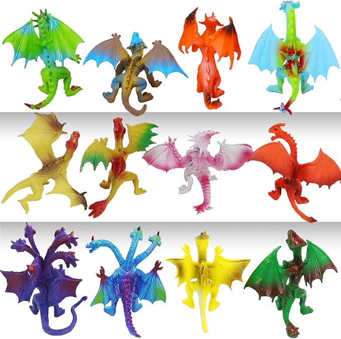 12Piece Dinosaur Model Realistic Flying Dragon Gift Box Toy, 4 inch sci-fi Game Monster Triceratops Pterodactyl Party Gifts Boys Hobbyist Prize