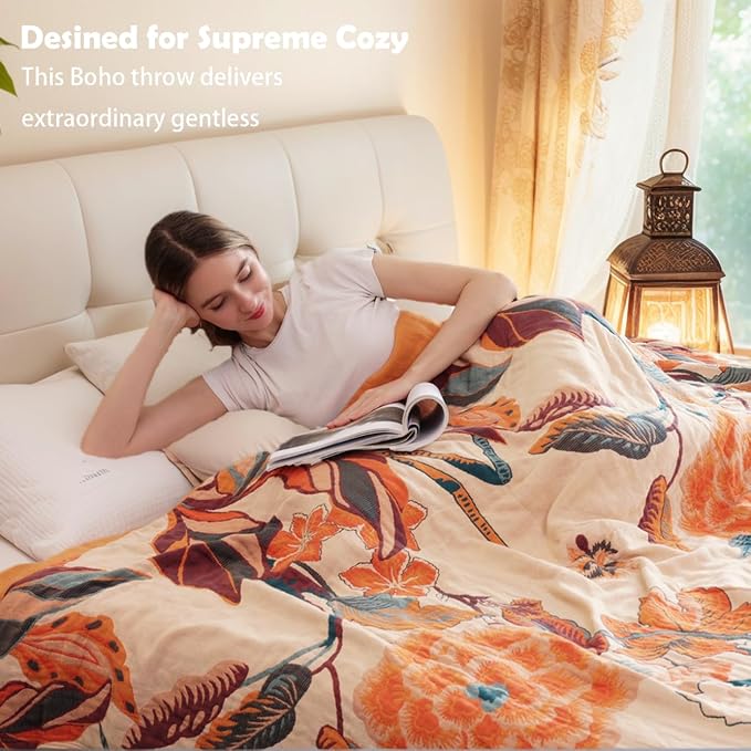 VANJOROY Boho Throw Blanket, 100% Cotton Breathable Soft Bed Throw - Floral Bird Farmhouse Decor Blanket for Sofa Couch Chair Quilt and Gift. 80" x 90"- Beige