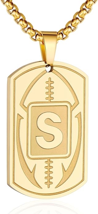 Initial A-Z Dog Tag Necklace for Men - Football Charm Pendant, Stainless Steel Chain 22+2 Inches, Personalized Sports Athletes Jewelry Gift