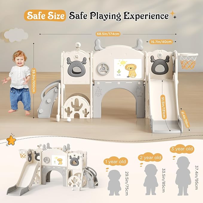 Toddler Slide, 11 in 1 Toddlers Playset New Upgrade with Kids Slide, Drawing Board, Golf Set, Basketball Hoop and Storage Space for Toddler Age 1-3, Backyard Playground Indoor and Outdoor