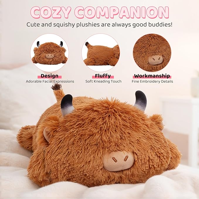 Cute Highland Cow Plush Pillow, Kawaii Plushies Highland Cow Stuffed Animals, Squishy Plushies, Cuddle Plush Pillow for Kids & Girls (13 Inch)