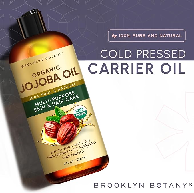Brooklyn Botany Cold-Pressed Organic Jojoba Oil | for Skin, Hair and Face | 8 Fl Oz | 100% Pure and Natural | Carrier Oil for Essential Oils, Aromatherapy and Massage | Hexane Free
