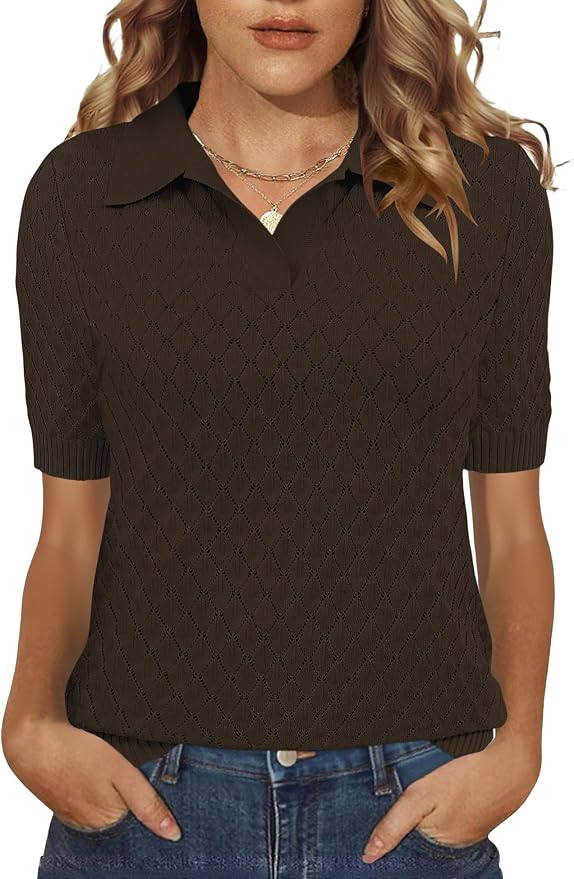 Rapbin Womens Short Sleeve Knit Polo Shirts Summer Spring Sweater Tops | Classic V Neck Collared Shirts Lightweight Business Casual Basic Fashion Pullover Polo Sweater for Work Formal Daily Wear