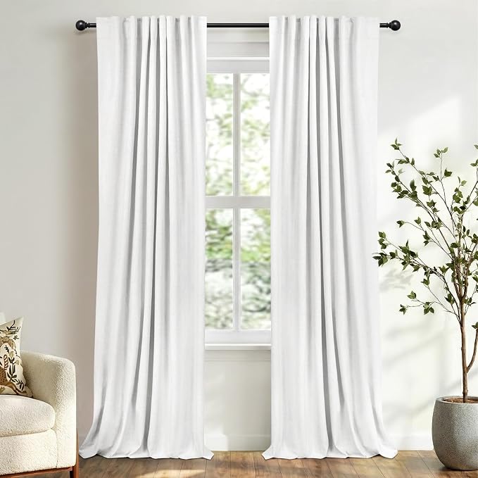 100% Blackout Shield White Linen Blackout Curtains for Bedroom 96 Inches Long, Back Tab/Rod Pocket Living Room Drapes, Thermal Insulated Blackout Curtains 2 Panels Set, 50" W x 96" L,Blanc de Blanc
