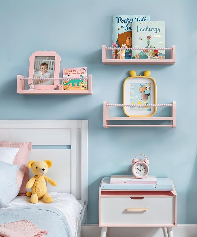 Maxpeuvon Nursery Book Shelves for Wall, Pink Floating Shelves Set of 3 | Natural Wood Nursery Shelves, with Towel Bar, Storage Shelf for Books, Toys and Decor, for Kids Room, Playroom, Bedroom