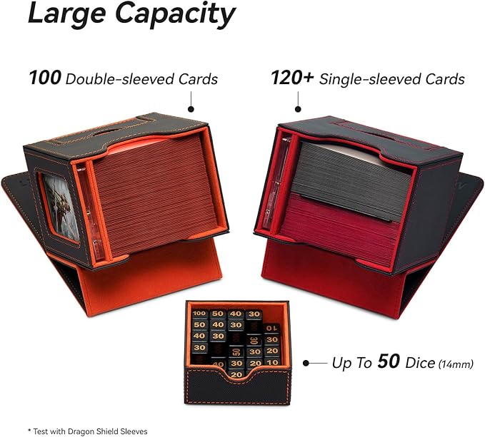 Mage Tech Card Deck Box for MTG Commander - Patented Design, Commander Display, Fits 100 Double-Sleeved Cards, 35pt Card Brick & Dice Tray - Grey/Orange