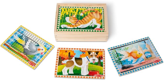 Melissa & Doug 4‑in‑1 Wooden Pets Jigsaw Puzzle Set, 48 Pieces with Storage Box, Toddler Puzzle Toy for Kids Ages 3+ - FSC Certified