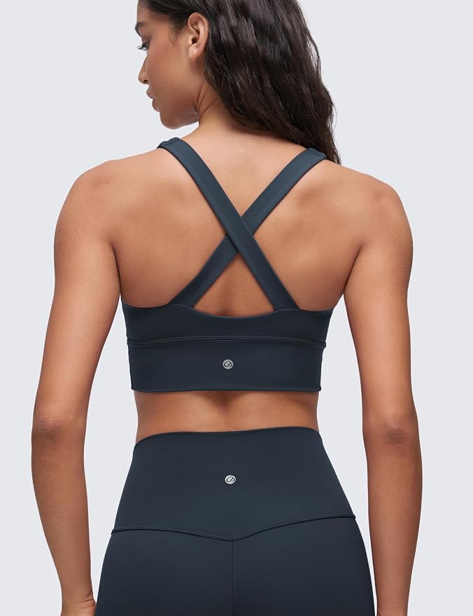 CRZ YOGA Butterluxe Ruched Longline Sports Bras for Women - V Neck Padded Yoga Tank Wide Straps Cross Back Crop Tops