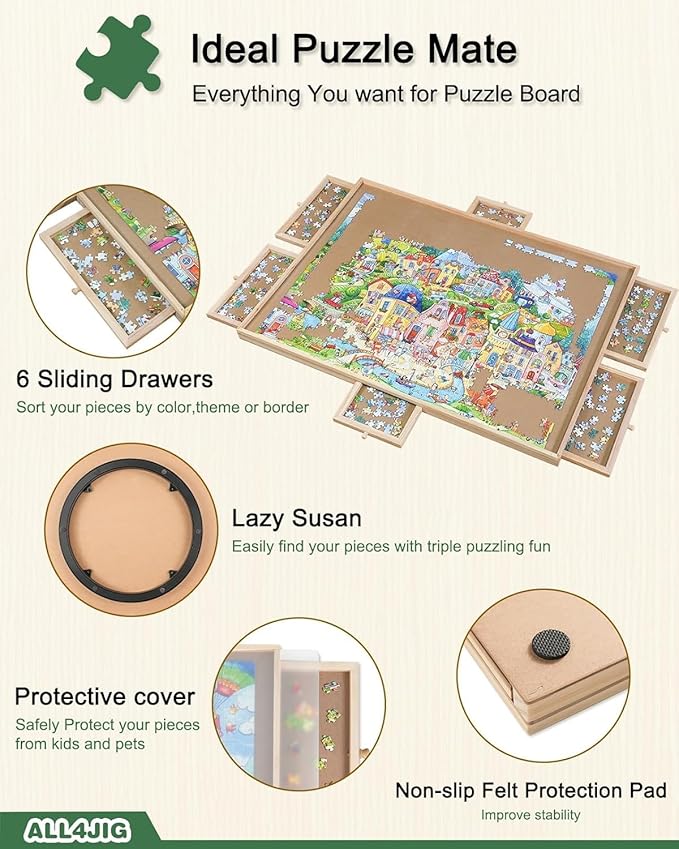 ALL4JIG 2000 Pieces Rotating Puzzle Board with 6 Drawers and Cover,28"x40"Portable Wooden Jigsaw Puzzle Table for Adults,Lazy Susan Spinning Puzzle Boards Birthday Gift for mom