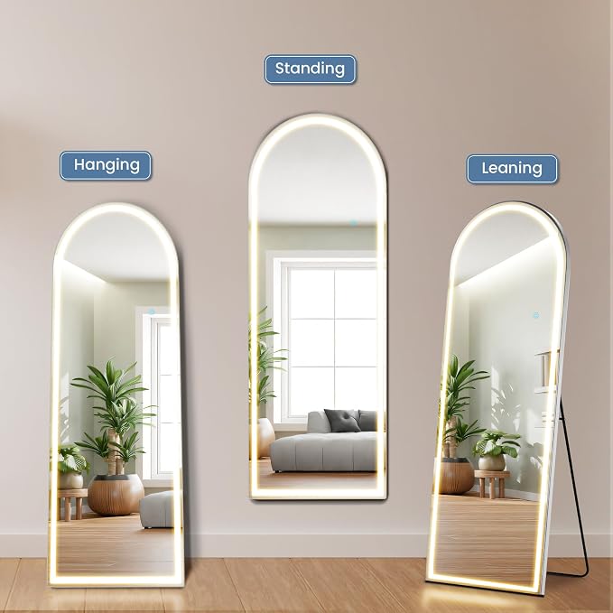 DUMOS Arched LED Mirror Full Length Standing, 63"x20" Full Body Wall Mirror | LED Lights 3 Color Lighting and Shatterproof Tempered Glass, Wall Hanging or Leaning, Floor Standing, Modern Home Decor