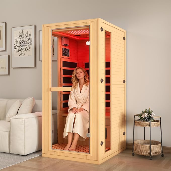 1 Person Infrared Sauna with Red Light Therapy, Full Spectrum Sauna for Home, Indoor Dry Saunas with Rapid Heating 4 Carbon Panels and 1 Carbon Tube, Oxygen Bar and 7 Color Therapy Lights, 110V