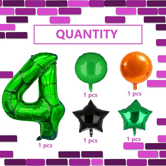 5Pcs Cartoon Turtle Theme Birthday Decorations 40 Inch Number 4 Foil Balloons Super Green Turtle Themed Hero Large Mylar 4th Number Balloon Video Game Pizza Balloons Party Favors Orange