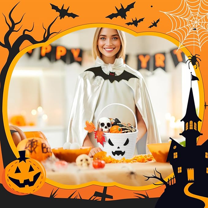Halloween Basket with Handle Cute Bucket Cotton Rope Woven Candy Bag Pumpkin Witch Cat Pig Storage Basket for Halloween Party Favor(White,Ghost)