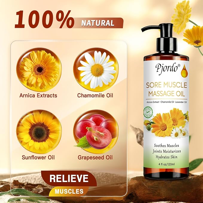 Pjordo Massage Oil for Massage Therapy, Lavender Massage Oils for Relaxation, Sore Muscle Arnica Oil with Massage Roller Ball, Calming, Moisturizing, Soothes Muscles, Spa Gift Set for Him Her