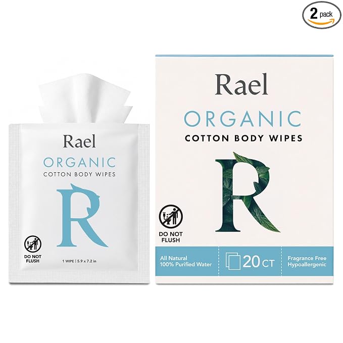 Rael Organic Cotton Wipes - Body Cloth, Individually Wrapped, All Skin Types (10 Count, Pack of 2)