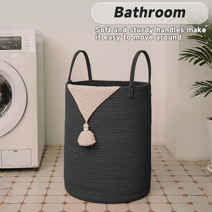 JMvicyroam 60L Cotton Rope Laundry Basket Hamper, Black | Collapsible laundry basket, reinforced handles, freestanding, machine washable, holds 3-5 thick blankets, clothes or toys