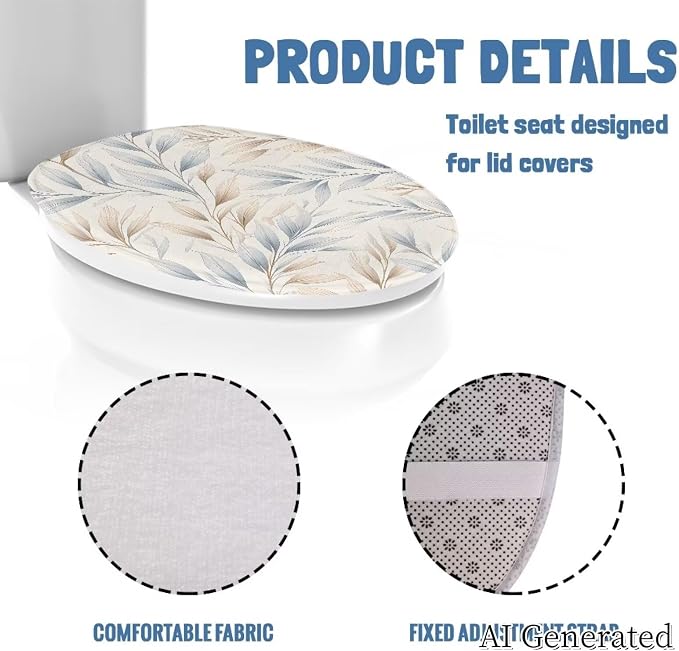 Watercolor Leaves oilet Cover Set, Soft Blue Plush Elongated Lid Protector, Unique Ocean Bathroom Decor Accessory