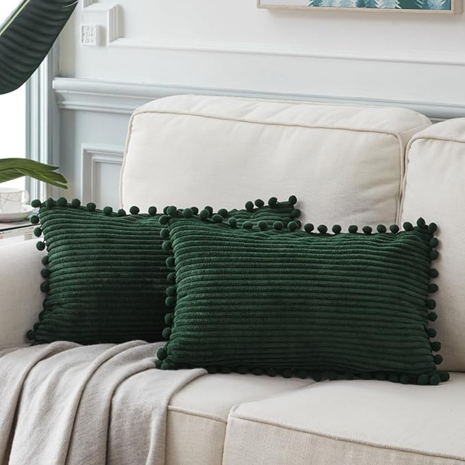 Fancy Homi 2 Pack Dark Green Lumbar Decorative Throw Pillow Covers 12x20 Inch with Pom-poms for Couch Bedroom Sofa, Soft Corduroy Solid Rectangle Cushion Case 30x50 cm, Farmhouse Boho Home Decor