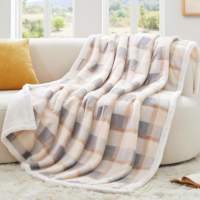 PU MEI Super Soft Faux Rabbit Fur Sherpa Fleece Throw Blanket, Reversible Luxury Cozy Cute Furry Blanket, Plush Warm Shaggy Fluffy Checkered Blankets for Sofa Couch Bed (Grey-Plaid, 60" x 80")