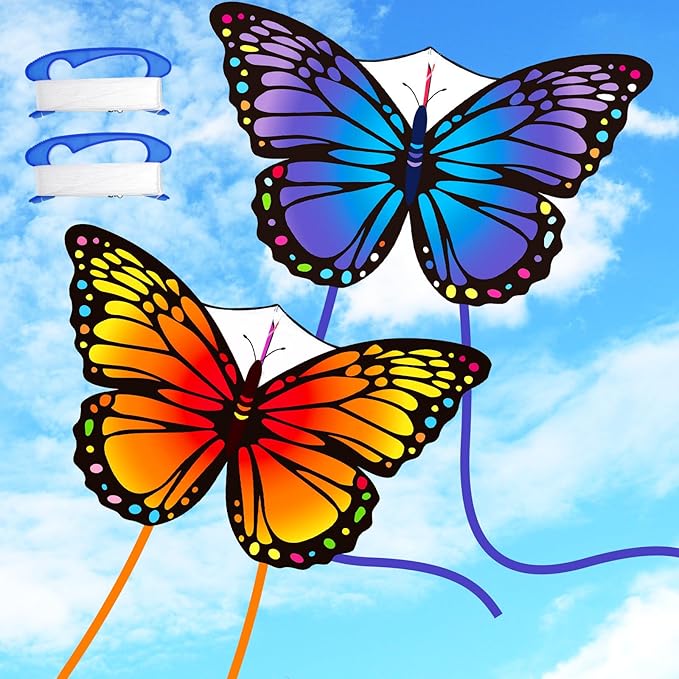 Silipull 2 Pcs Butterfly Kite 55" x 28" Large Kites with 328ft Kite String Beach Colorful Kites for Adults Beginner Outdoor Supplies (Purple and Orange)