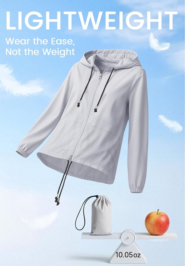 Zando Lightweight Rain Jacket Women Packable Waterproof Raincoat with Hood | Windbreaker Jacket Women, Light Raincoats for Drizzle, Rain Coats for Travel, Hiking and Commute