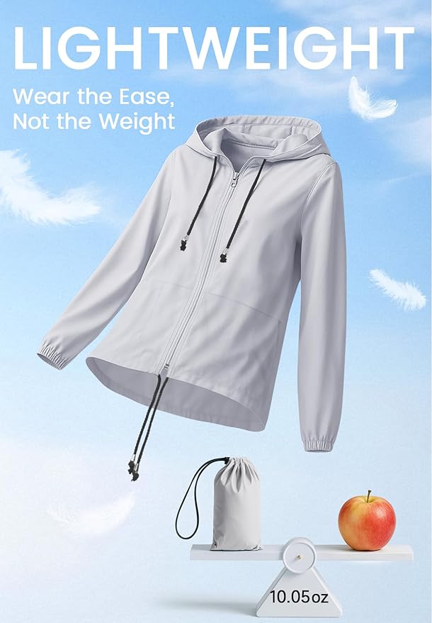 Zando Lightweight Rain Jacket Women Packable Waterproof Raincoat with Hood | Windbreaker Jacket Women, Light Raincoats for Drizzle, Rain Coats for Travel, Hiking and Commute